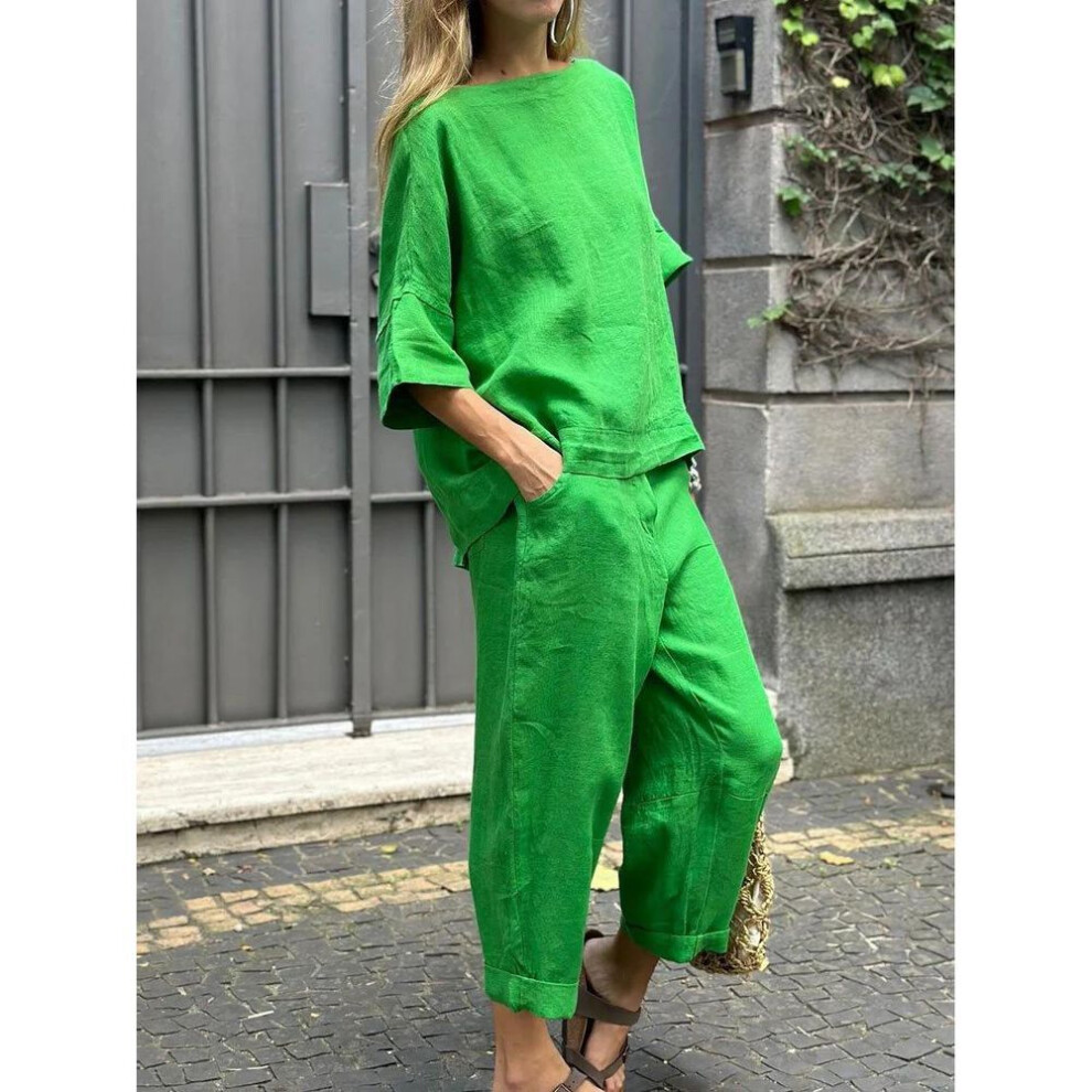 (green, 5XL) Spring/summer Loose-fit Cotton Linen High-waist Shirt And Trousers Leisure Sports Suit