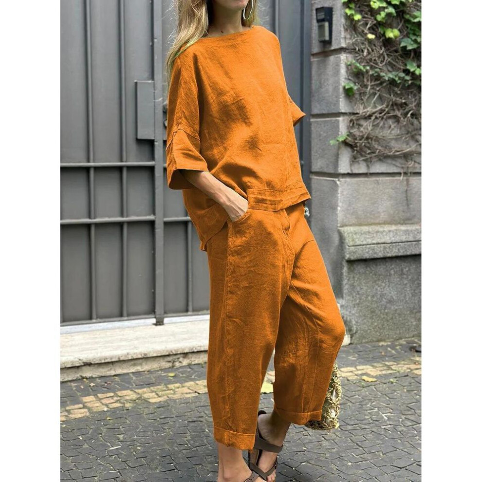 (yellow, 4XL) Spring/summer Loose-fit Cotton Linen High-waist Shirt And Trousers Leisure Sports Suit