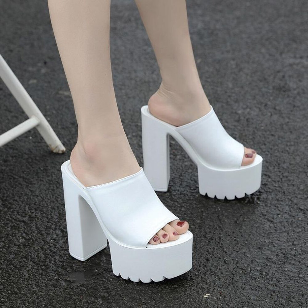 (white, 40) 14CM High Heel Platform Patent Leather Peep Toe Women's Summer Flip Flops, Sizes 35-41