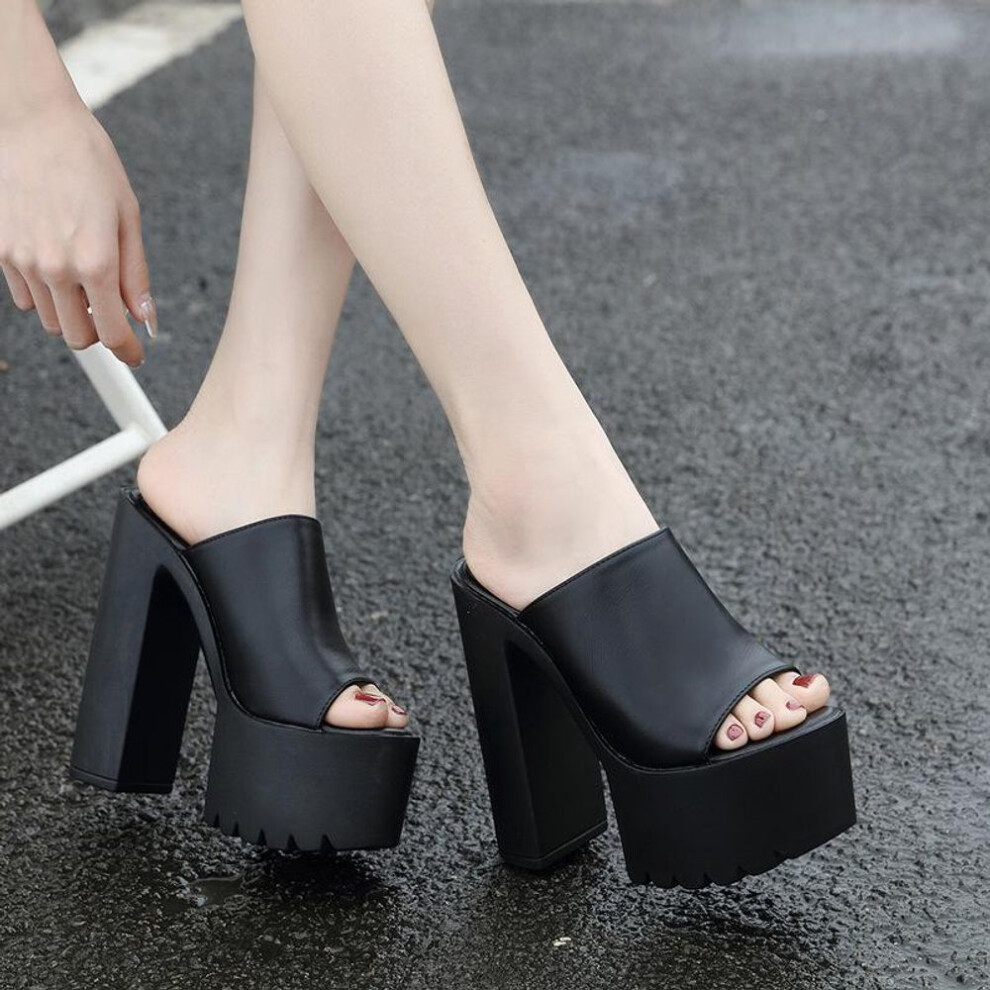 (black, 41) 14cm High Heel Platform Patent Leather Peep Toe Women's Summer Flip Flops, Sizes 35-41