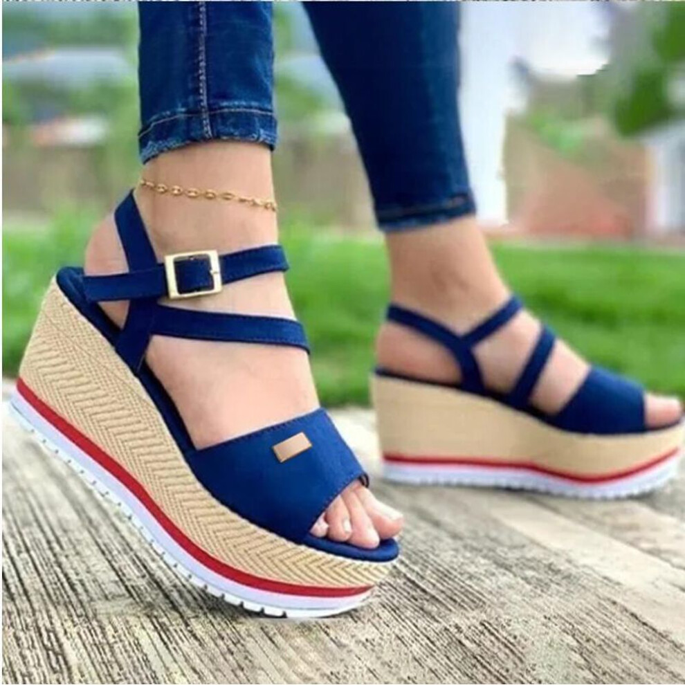 (blue, 40) Women's Summer 2021 Platform Wedge Sandals - Thick-soled Roman Style, Large Sizes Available