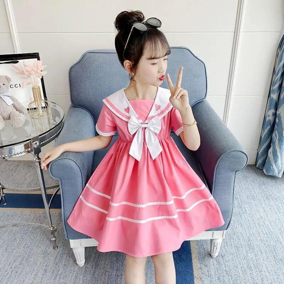 (pink, 140 cm) Girls' Summer Navy Collar Princess Dress – Korean Style For Medium And Large Children