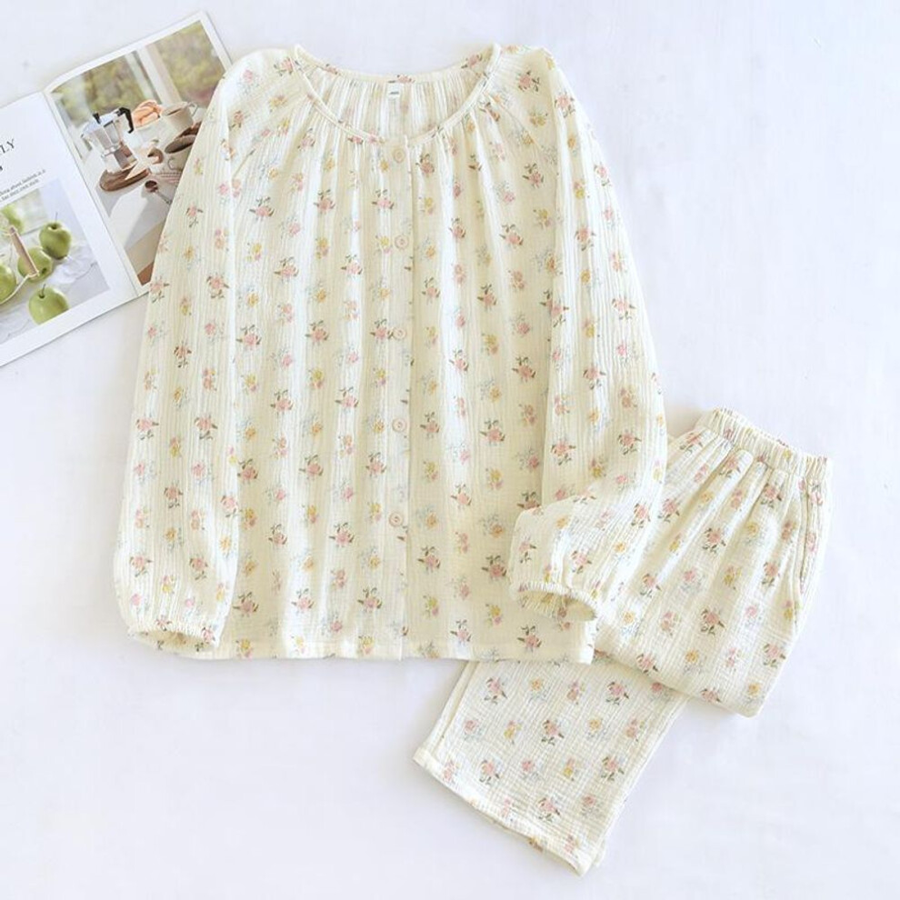 (M, as the picture) New Spring and Summer Women's Pajamas Set 100% Cotton Crepe Long-sleeved Trousers Round-neck Cardigan Two-piece Set Fresh Home