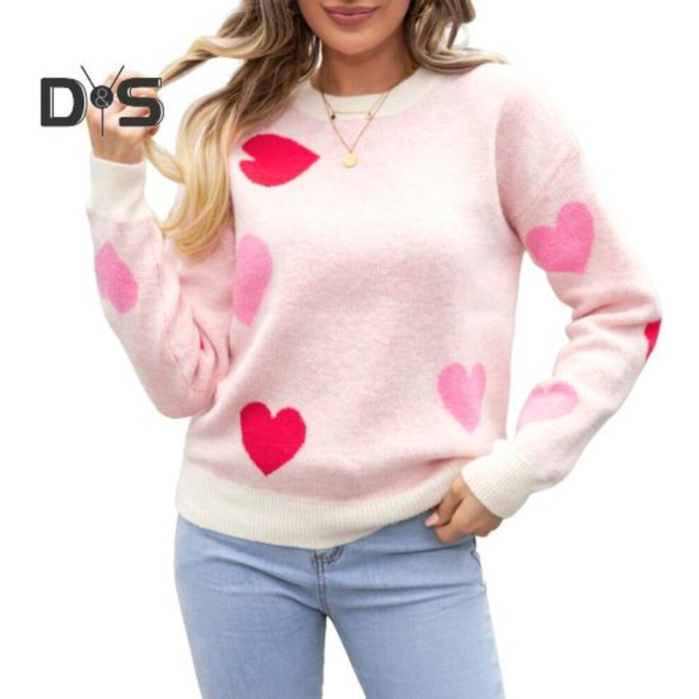 (M, pink) Women Knitting Sweater Round Neck Long Sleeve Heart-Shaped Tops Loose Fit Elastic Knitwear Valentine Day Tops