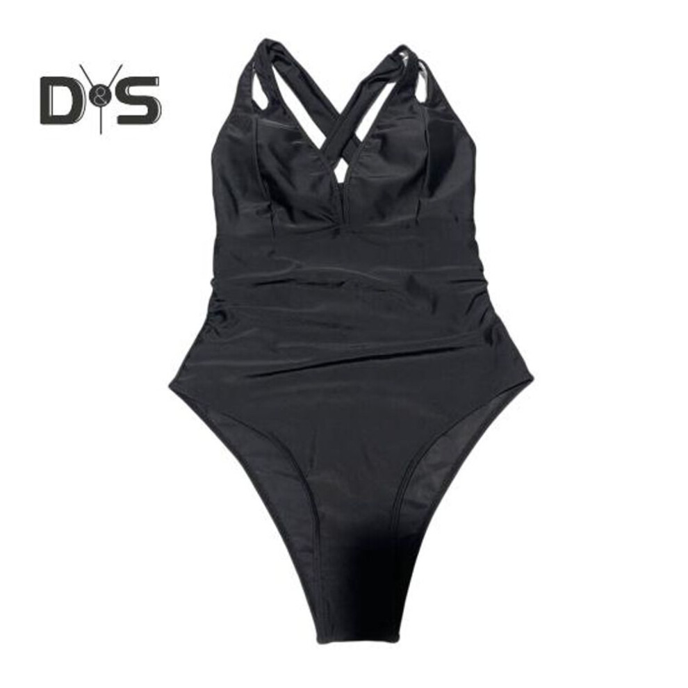 (S, black) Women Monokini V-neck Lace-up Back Tummy Control One-piece Swimsuit Adjustable Straps Slimming Design Beachwear