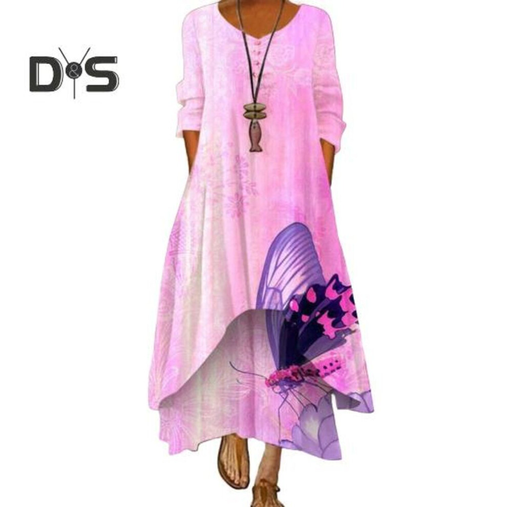 (pink, 2XL) Spring Fall Dress With Pockets Vintage Flower Printing V Neck Irregular Layerd Hem Loose A-line Maxi Dress For Daily Work Party