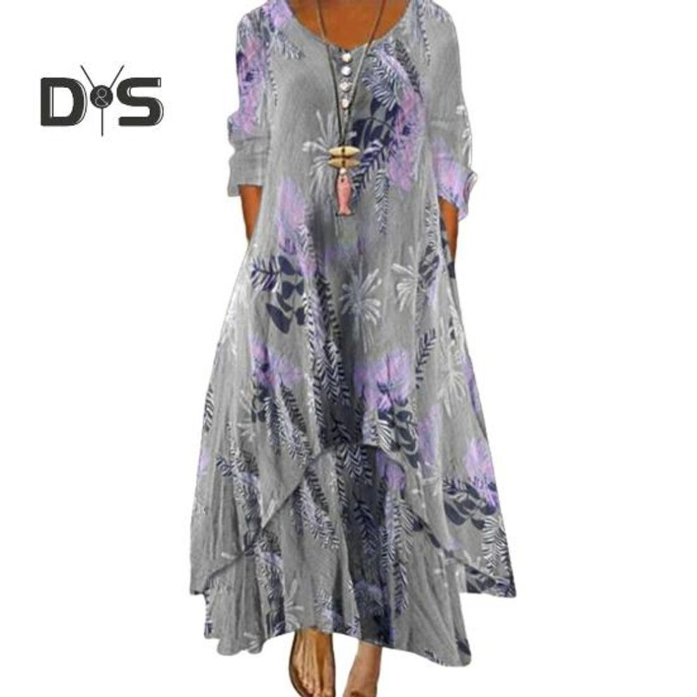(grey, L) Spring Fall Dress With Pockets Vintage Flower Printing V Neck Irregular Layerd Hem Loose A-line Maxi Dress For Daily Work Party