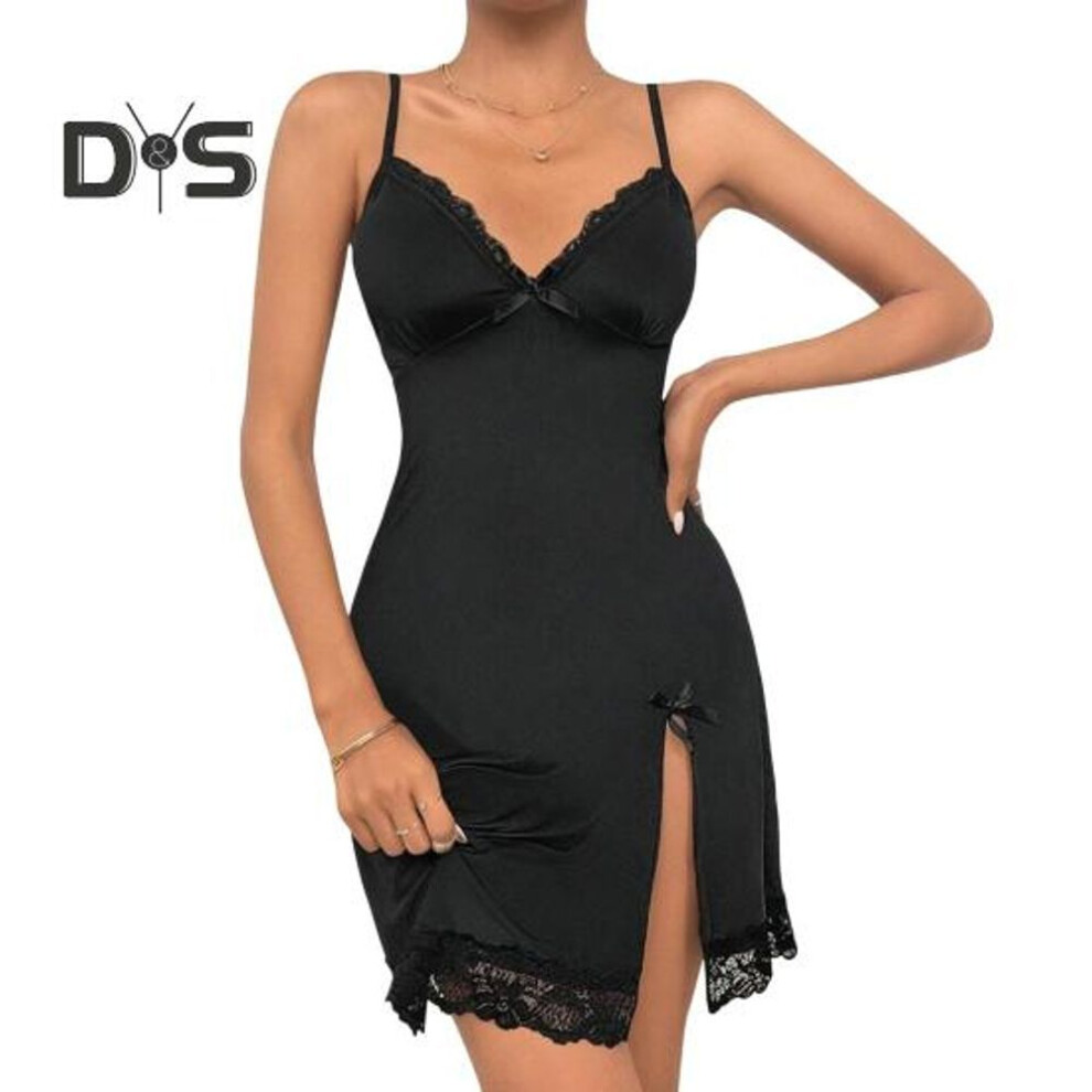 (black, L) Women Nightdress V Neck Backless Sleeveless Bow Lace Floral Embroidery Nightie Spaghetti Strap Slit Hem Nightgown For Valentines Day Wedding Night