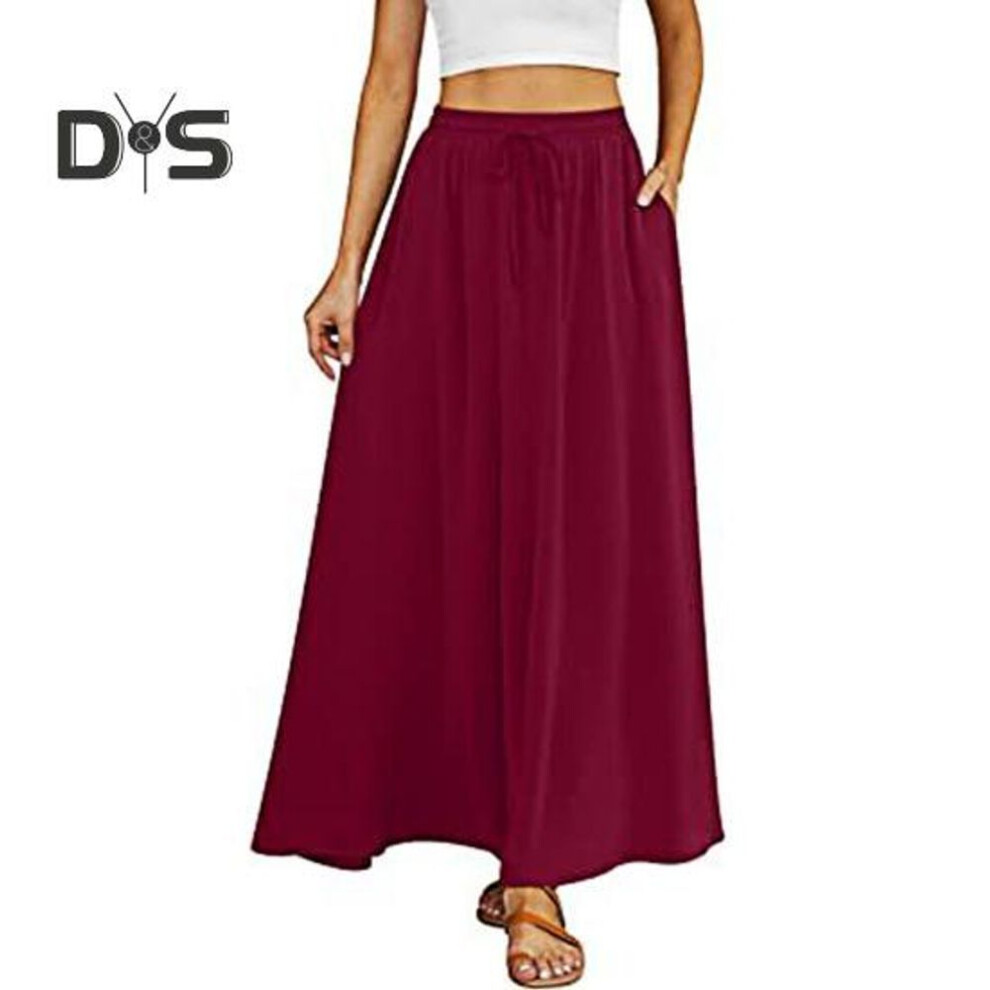 (S, red) Maxi Skirt Adjustable Drawstring Elastic High Waist Long Skirt with Large Hem Floral Print Pockets Women Skirt