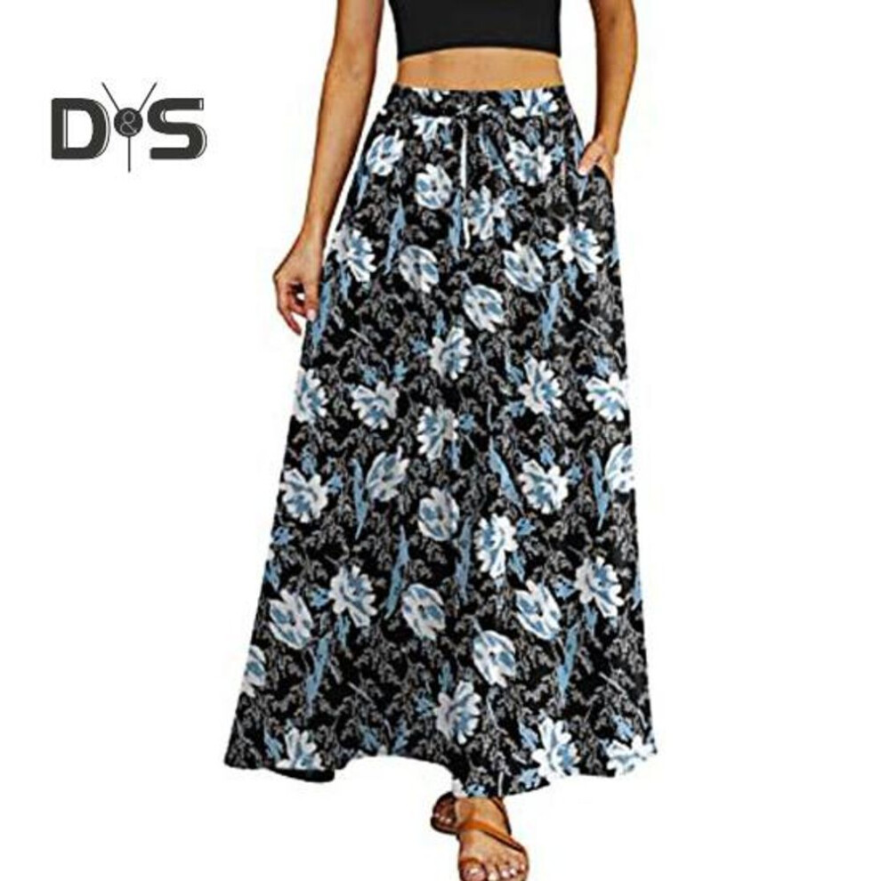 (M, black,blue) Maxi Skirt Adjustable Drawstring Elastic High Waist Long Skirt with Large Hem Floral Print Pockets Women Skirt