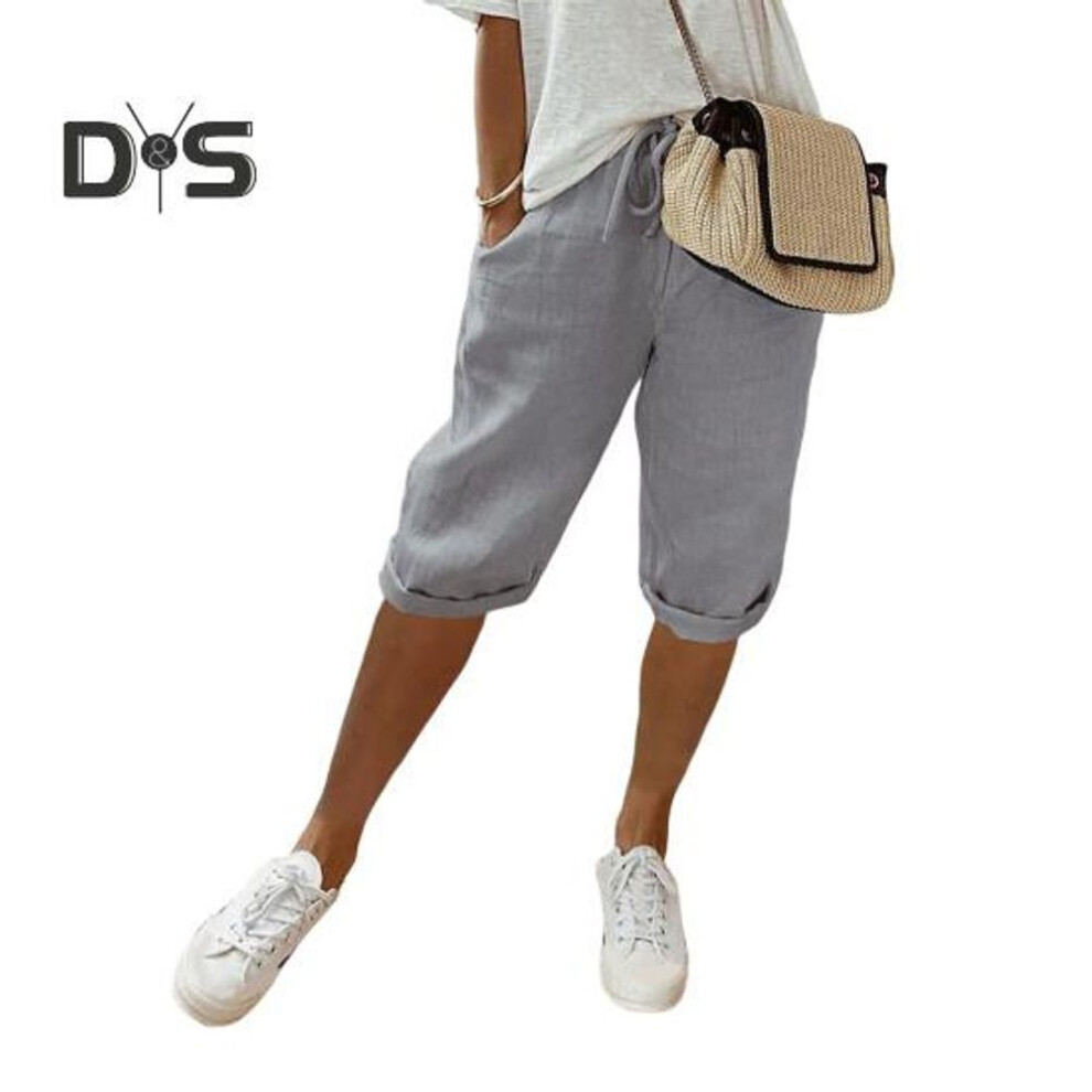 (light grey, 2XL) Women Pants Loose Drawstring Elastic Waist Casual Solid Color Pocket Design Knee Length Pants For Daily Wear Sport Beach