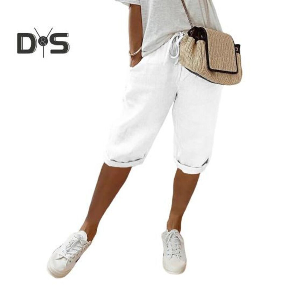 (white, XL) Women Pants Loose Drawstring Elastic Waist Casual Solid Color Pocket Design Knee Length Pants for Daily Wear Sport Beach