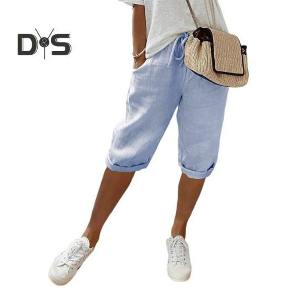 (sky blue, XL) Women Pants Loose Drawstring Elastic Waist Casual Solid Color Pocket Design Knee Length Pants For Daily Wear Sport Beach