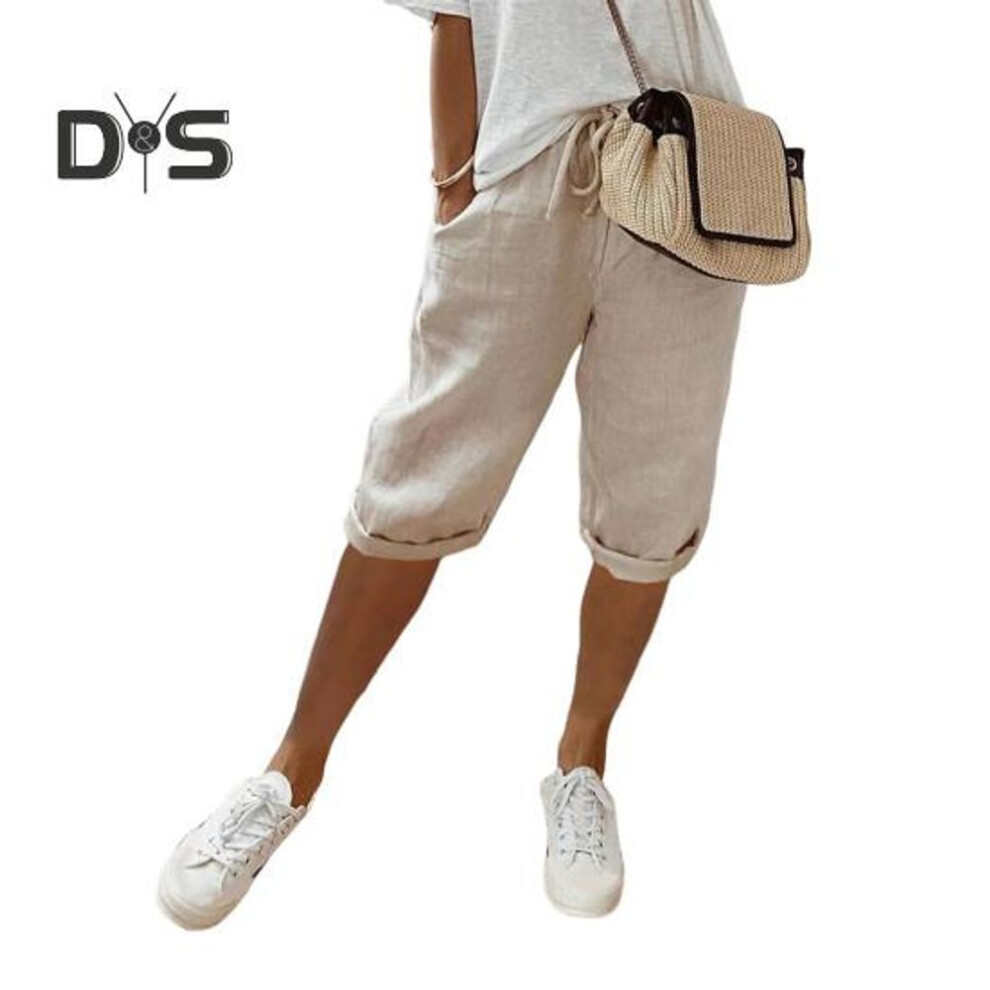 (khaki, L) Women Pants Loose Drawstring Elastic Waist Casual Solid Color Pocket Design Knee Length Pants for Daily Wear Sport Beach