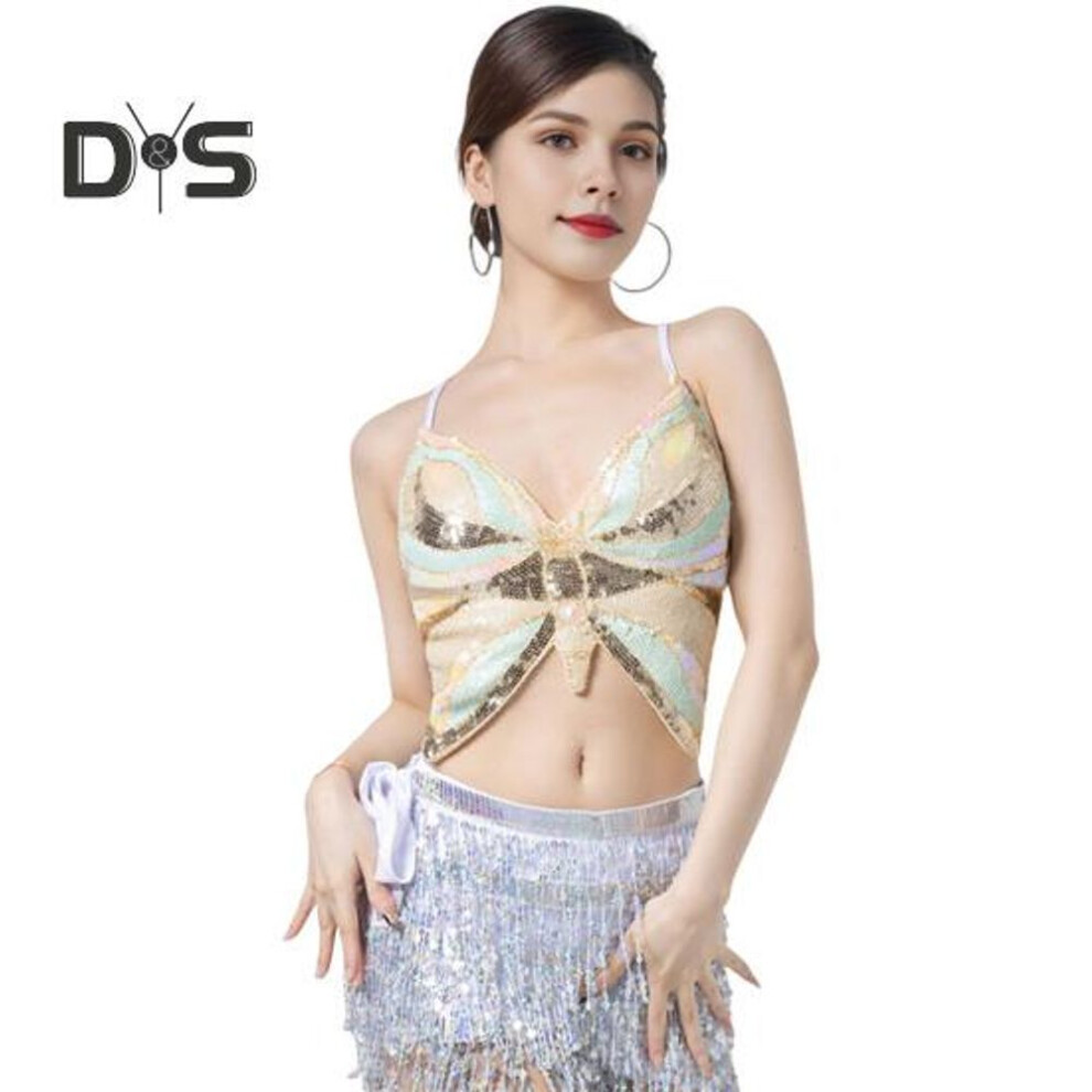 (as the picture, One Size B) Women Performance Costume Belly Dance Crop Top Backless Sleeveless Sequin Latin Dance Costume Bandage Vest With Adjustable Elastic Bands Shiny Party