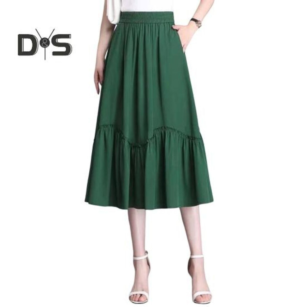 (3XL, green) Women Midi Skirt Elastic High Waist A-line Long Skirt With Pockets Solid Color Thin Style Skirt Slimming Design Skirt