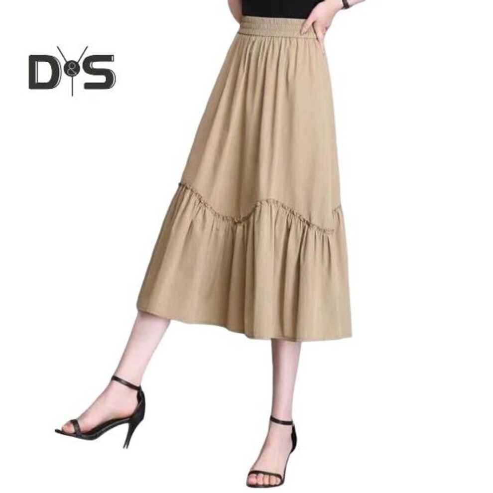 (XL, khaki) Women Midi Skirt Elastic High Waist A-line Long Skirt With Pockets Solid Color Thin Style Skirt Slimming Design Skirt
