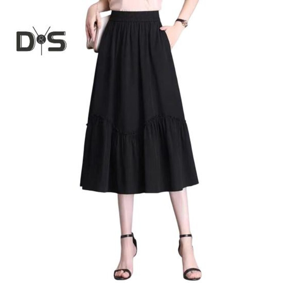 (M, black) Women Midi Skirt Elastic High Waist A-Line Long Skirt with Pockets Solid Color Thin Style Skirt Slimming Design Skirt