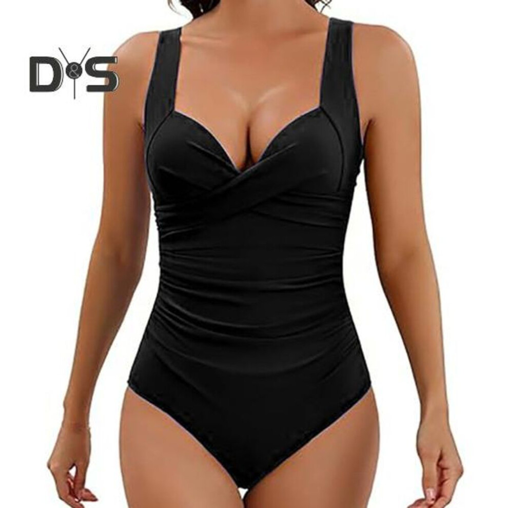 (XXL, black) Women Monokini V-neck Sling Sleeveless One-piece Swimsuit With Adjustable Suspenders Backless High Waist Swimwear