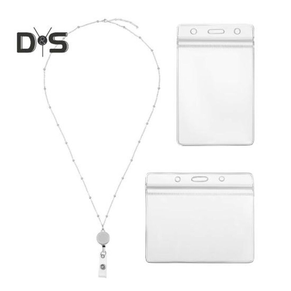 (silver) Badge Lanyards Retractable Id Holder Waterproof Teacher Lanyard With 2 Card Holders Faux Pearls Vertical Id Card Sleeve