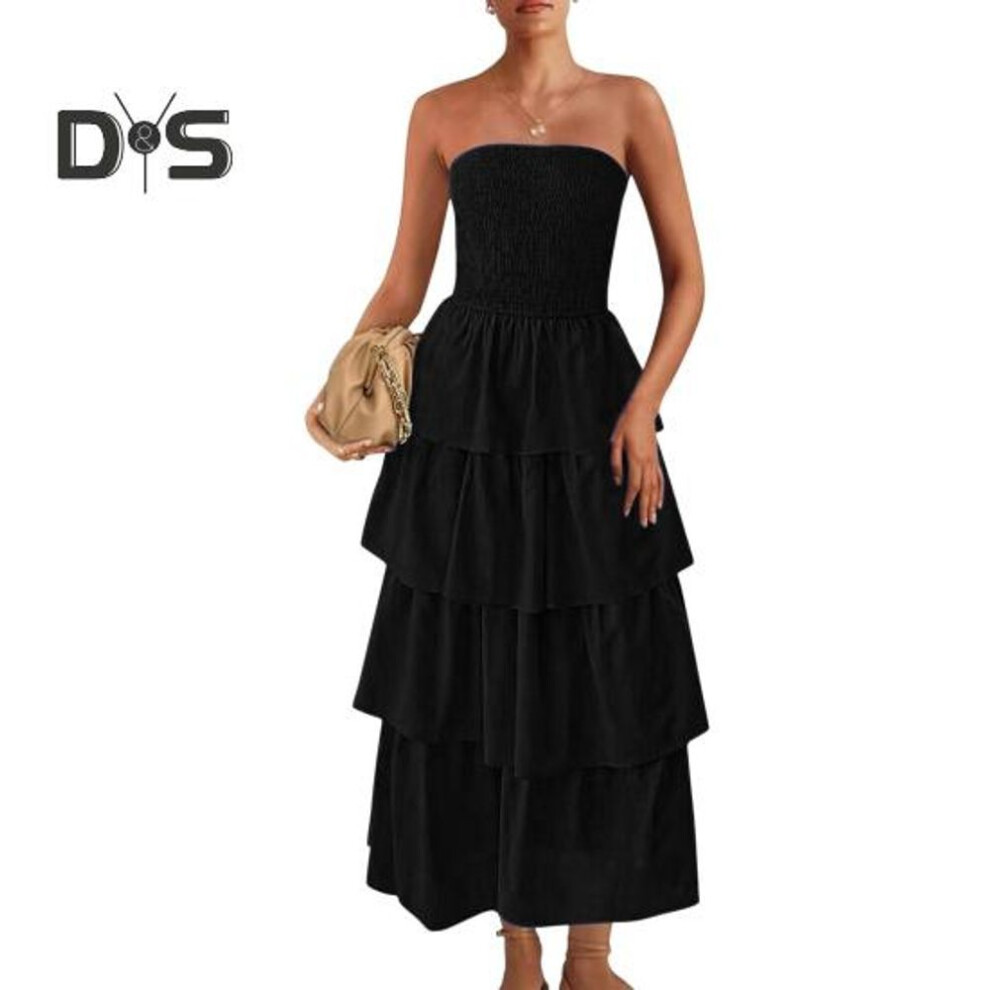 (black, M) Lady Strapless Dress Off Shoulder Backless Sleeveless Beach Dress Layered Ruffle Scattered Hem Vacation Dress Elastic Bust Maxi Dress
