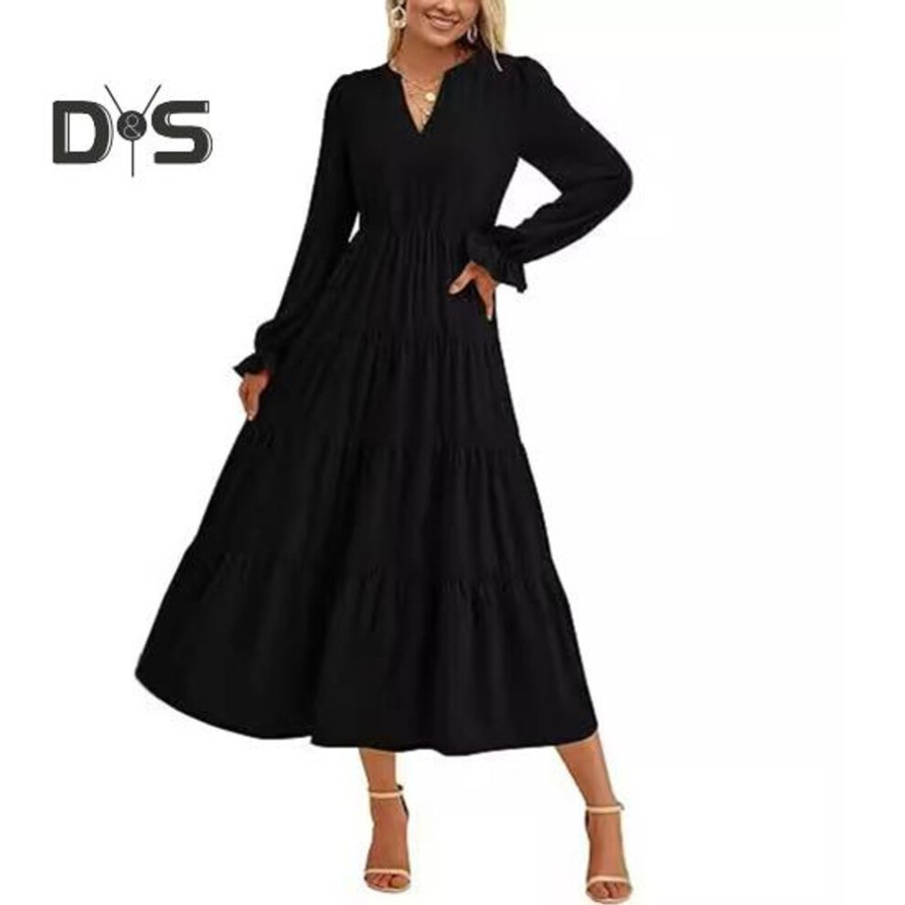 (black, XXXL) Spring Dress Pleated Patchwork Hem A-line Big Swing Midi Dress V Neck Long Puff Sleeves Flowy Dress High Waist Solid Color Dress For Datings Prom
