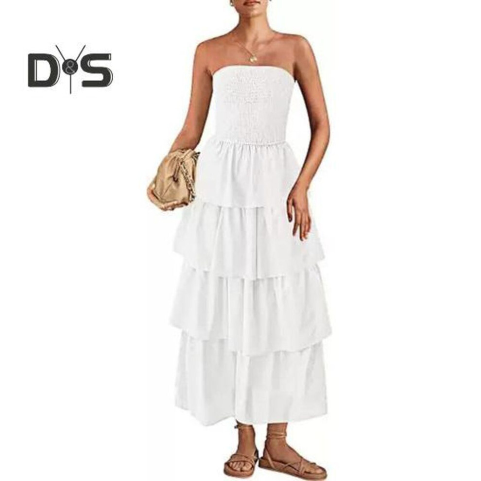 (white, S) Lady Strapless Dress Off Shoulder Backless Sleeveless Beach Dress Layered Ruffle Scattered Hem Vacation Dress Elastic Bust Maxi Dress