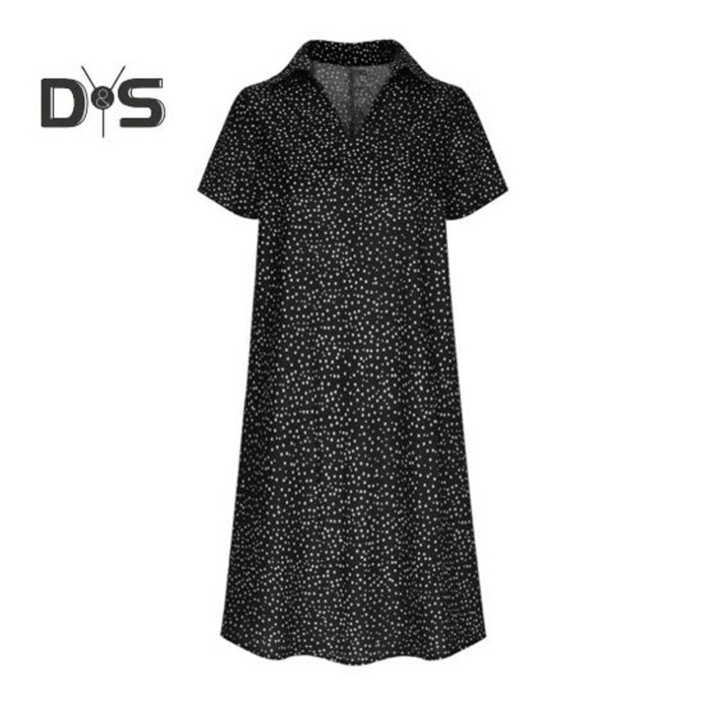 (black, 2XL) Summer Dress Dot Printing Short Sleeves Loose A-line Shirt Dress V Neck Knee Length Midi Dress for Dating Travel Vacation