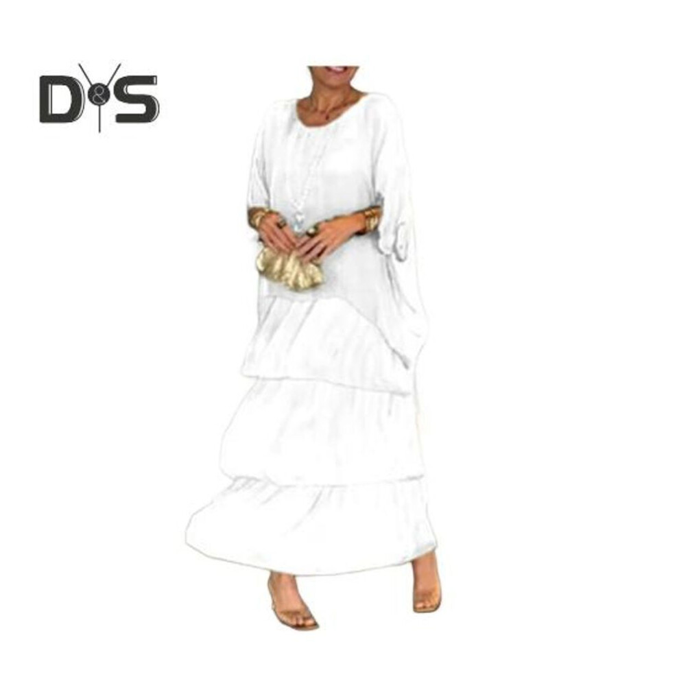 (white, 2XL) Evenig Dress Layered Scattered Cake Hem Half Sleeves Maxi Dress Bat Sleeves Baggy Round Neck Chiffon Dress for Party Prom