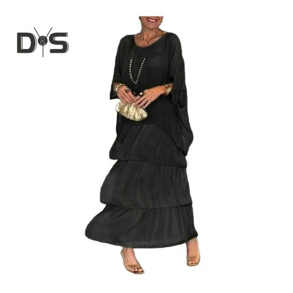 (black, M) Evenig Dress Layered Scattered Cake Hem Half Sleeves Maxi Dress Bat Sleeves Baggy Round Neck Chiffon Dress for Party Prom