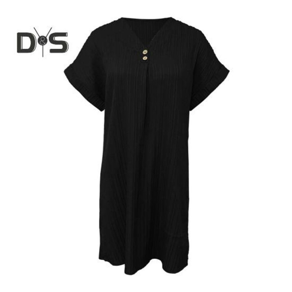 (black, XL) Summer Mini Dress Short Sleeves V Neck Loose Pure Color Dress Bohemian Buttons Casual Dress For Beach Vacation Daily Wear