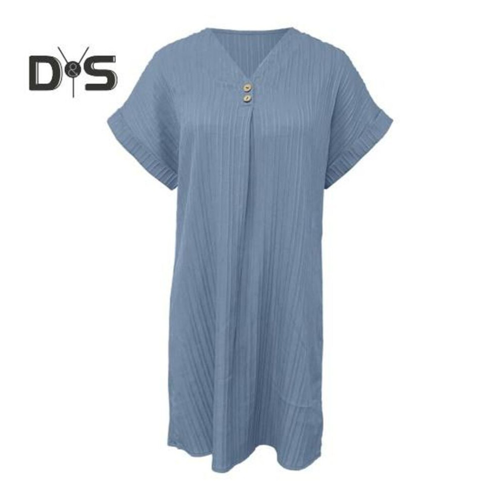 (sea blue, XXL) Summer Mini Dress Short Sleeves V Neck Loose Pure Color Dress Bohemian Buttons Casual Dress For Beach Vacation Daily Wear
