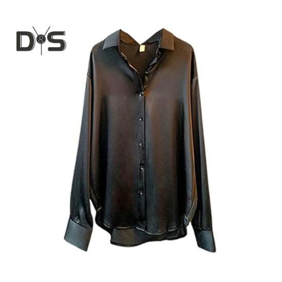 (XXL, black) Women Shirt Lapel Long Sleeve Single Breasted Shirt Tops Solid Color Smooth Satin Loose Fit Versatile Shirt