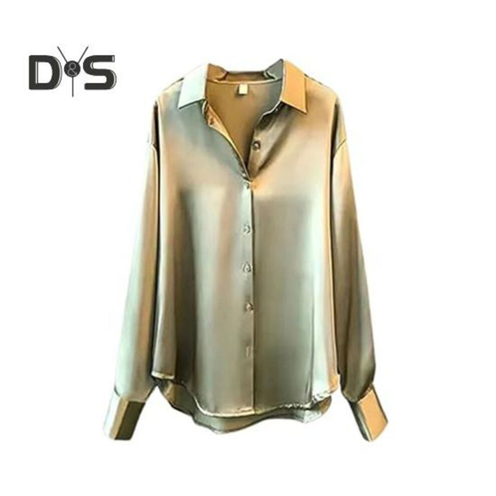 (XXL, light green) Women Shirt Lapel Long Sleeve Single Breasted Shirt Tops Solid Color Smooth Satin Loose Fit Versatile Shirt