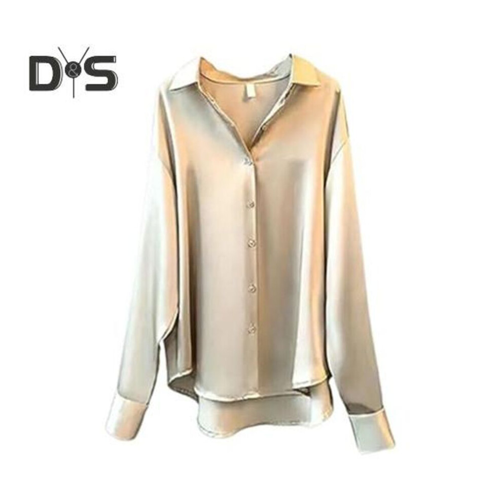 (XXL, champagne) Women Shirt Lapel Long Sleeve Single Breasted Shirt Tops Solid Color Smooth Satin Loose Fit Versatile Shirt