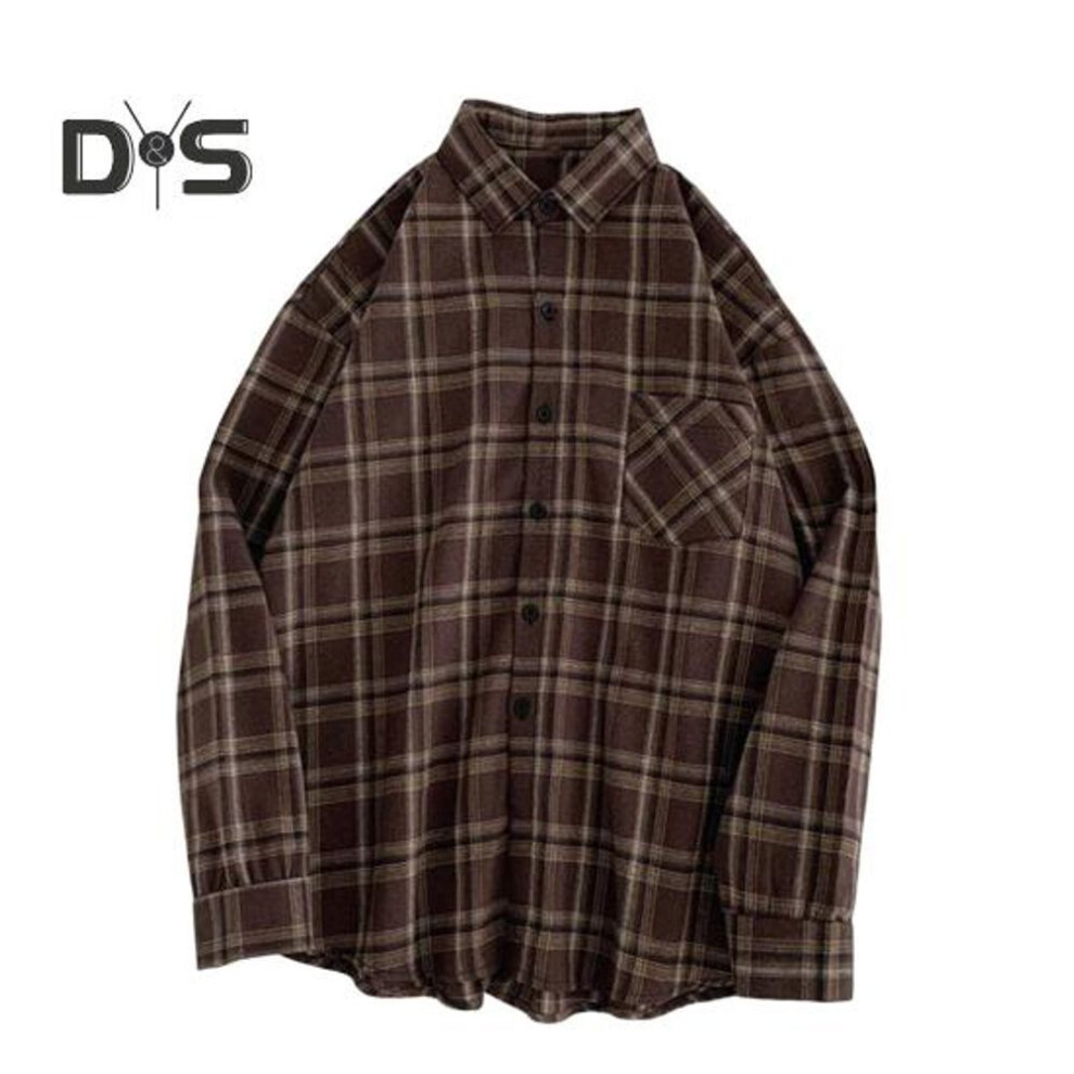 (XXXL, brown) Women Shirt Lapel Long Sleeve Plaid Print Shirt Tops with Pockets Single Breasted Loose Fit Shirt Tops Daily Wear