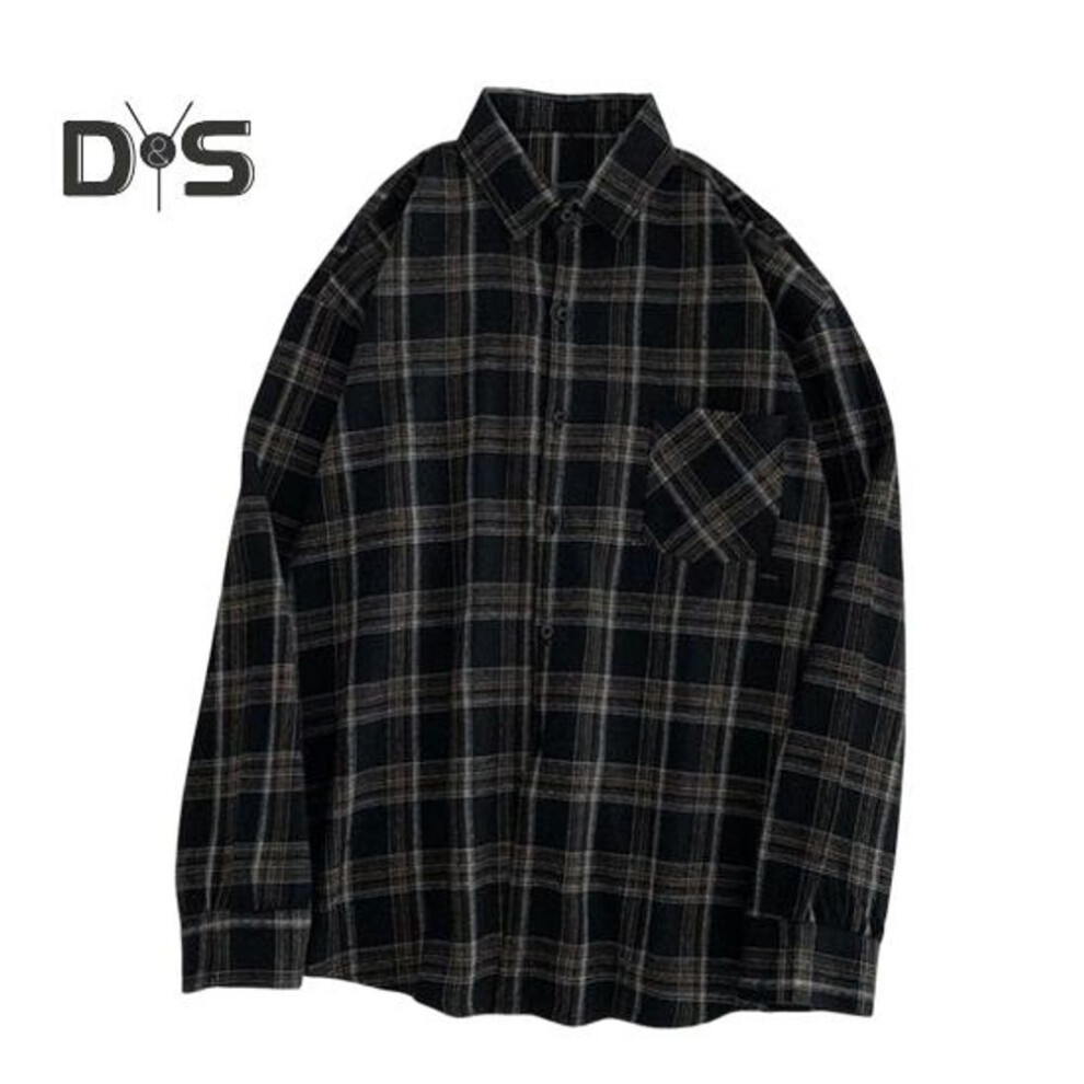 (L, black) Women Shirt Lapel Long Sleeve Plaid Print Shirt Tops with Pockets Single Breasted Loose Fit Shirt Tops Daily Wear