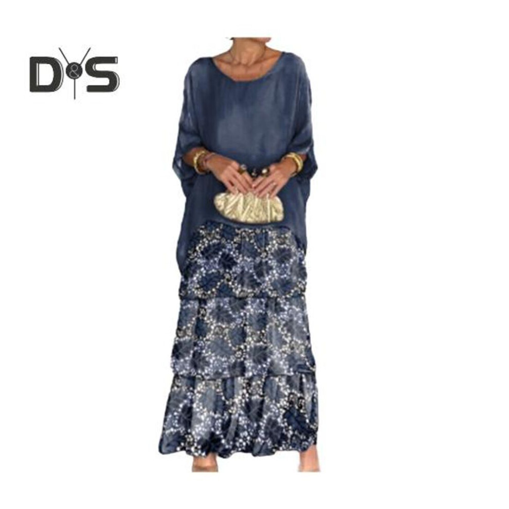 (navy blue, 2XL) Evenig Dress Layered Scattered Cake Hem Contrast Color Printing Half Sleeves Maxi Dress Dolman Sleeves Baggy Round Neck Chiffon Dress for Party Prom