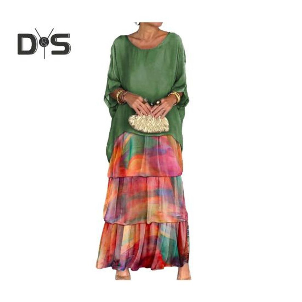 (multicolor, XL) Evenig Dress Layered Scattered Cake Hem Contrast Color Printing Half Sleeves Maxi Dress Dolman Sleeves Baggy Round Neck Chiffon Dress For Party Prom