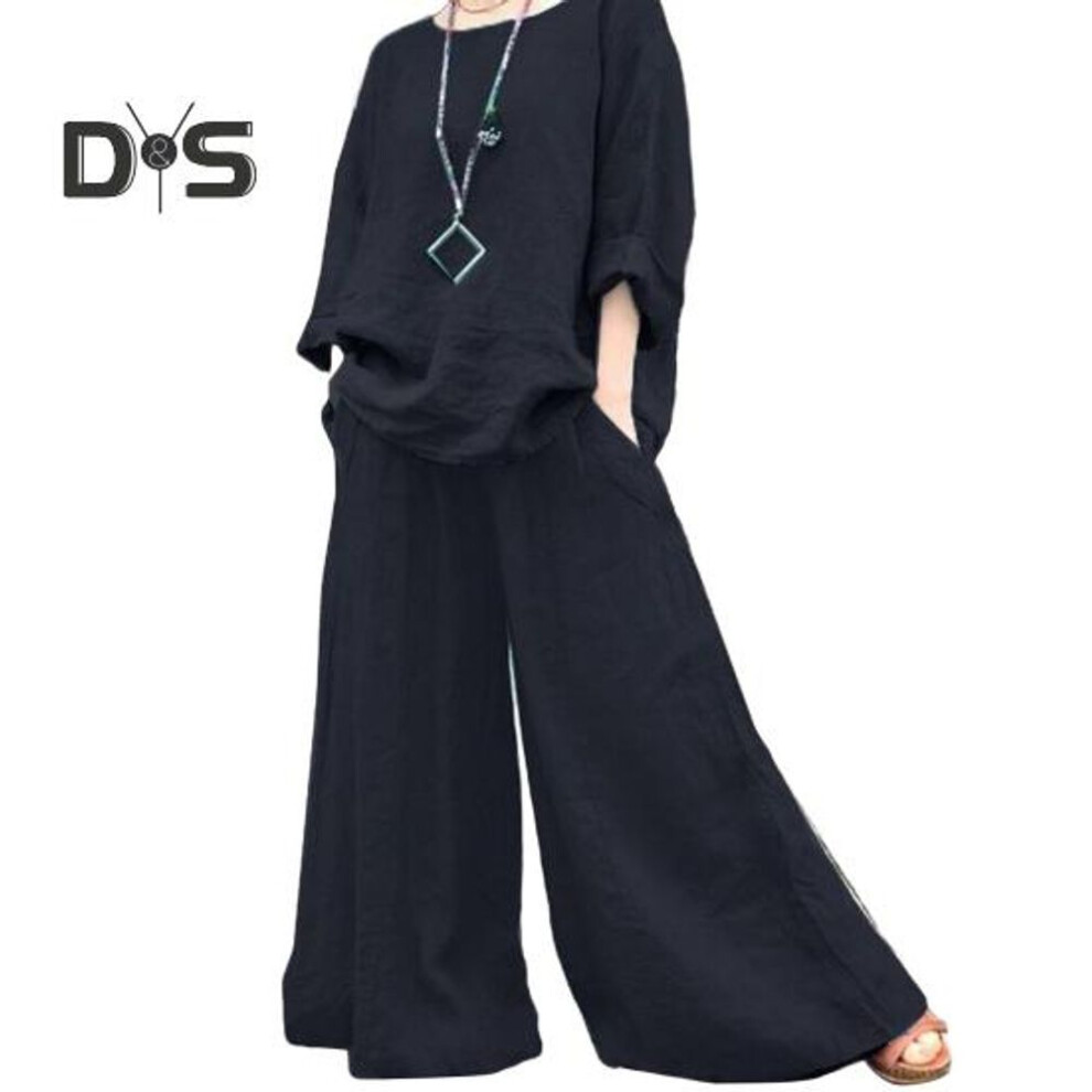 (black, 3XL) 2 Pcs/set Women Top Pants Set Round Neck Retro Long Sleeves Blouse Wide Leg Elastic Waist Trousers Daily Leisure Loose Outfit