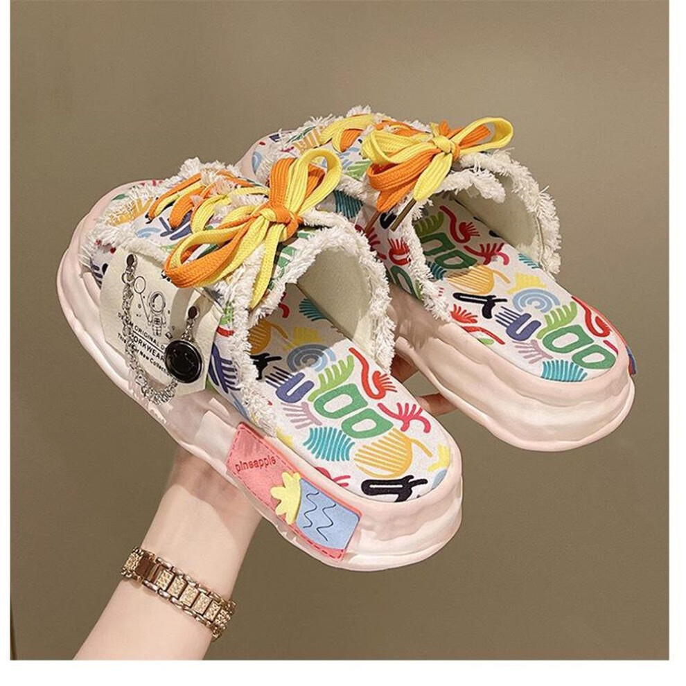 (beige, 40) Women's Summer Graffiti Platform Sandals 2024 - Trendy Beach Slippers