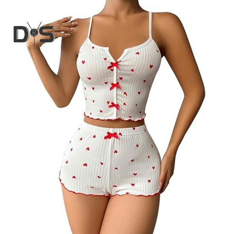 (XXL, white,red) 2 Pcs/set Women Vest Shorts Suit Bow Heart Print Sleeveless Shirring Top High Waist Short Trousers Homewear Loungewear Outfit Summer Sleepwear