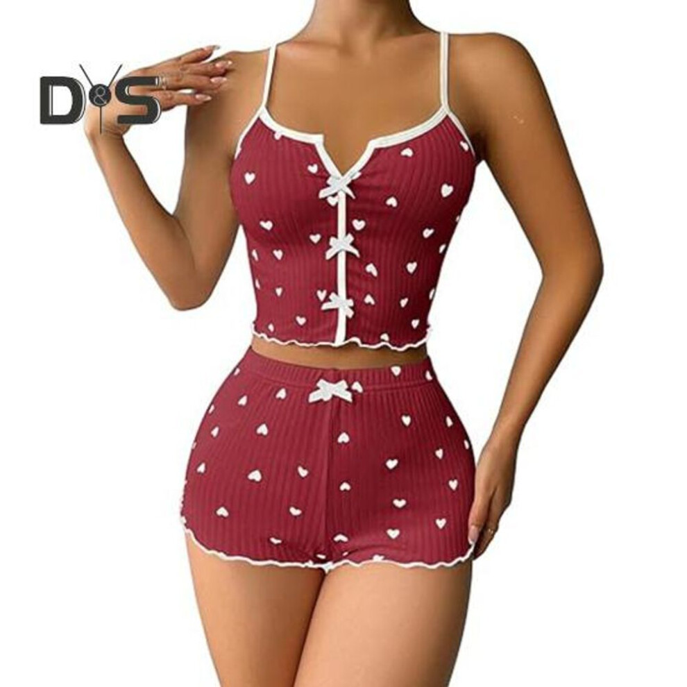 (XXXL, wine red) 2 Pcs/Set Women Vest Shorts Suit Bow Heart Print Sleeveless Shirring Top High Waist Short Trousers Homewear Loungewear Outfit Summer Sleepwear