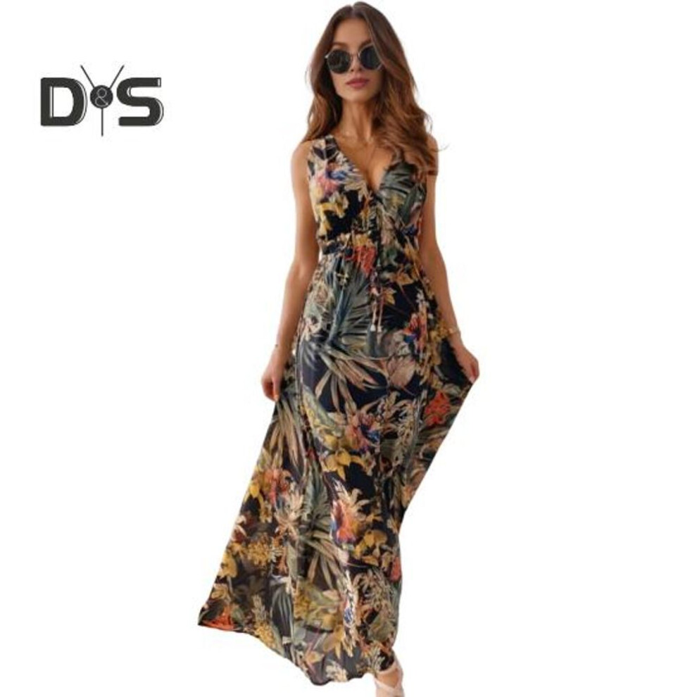 (black, M) Women Vacation Dress Sleeveless V Neck Backless Floral Printing High Waist Drawstring Beach Dress Bohemian Style Maxi Dress