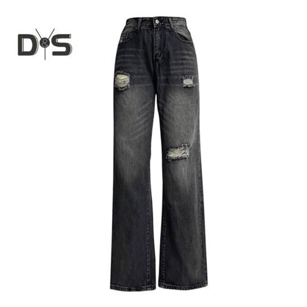 (black, XL) Women Jeans with Pockets High Waist Ripped Solid Color Full Length Pants Straight Wide Leg Trousers for Daily Commuting