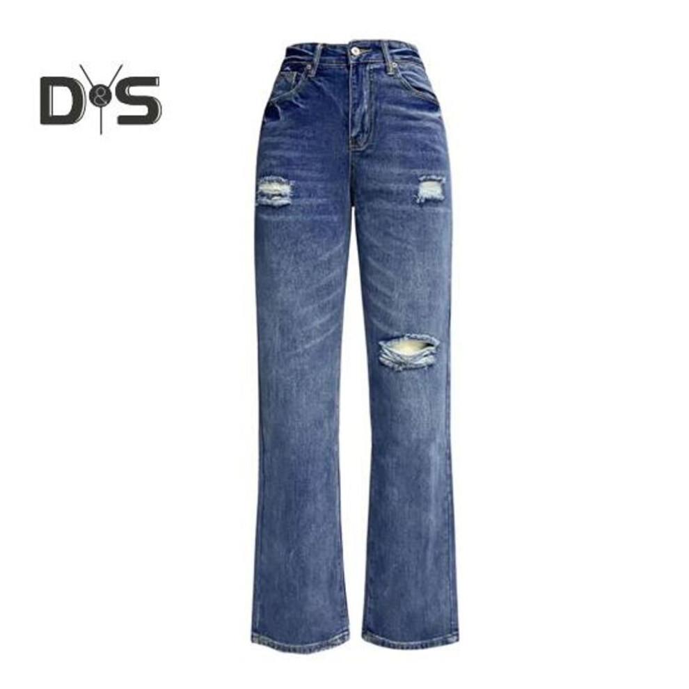 (blue, L) Women Jeans With Pockets High Waist Ripped Solid Color Full Length Pants Straight Wide Leg Trousers For Daily Commuting