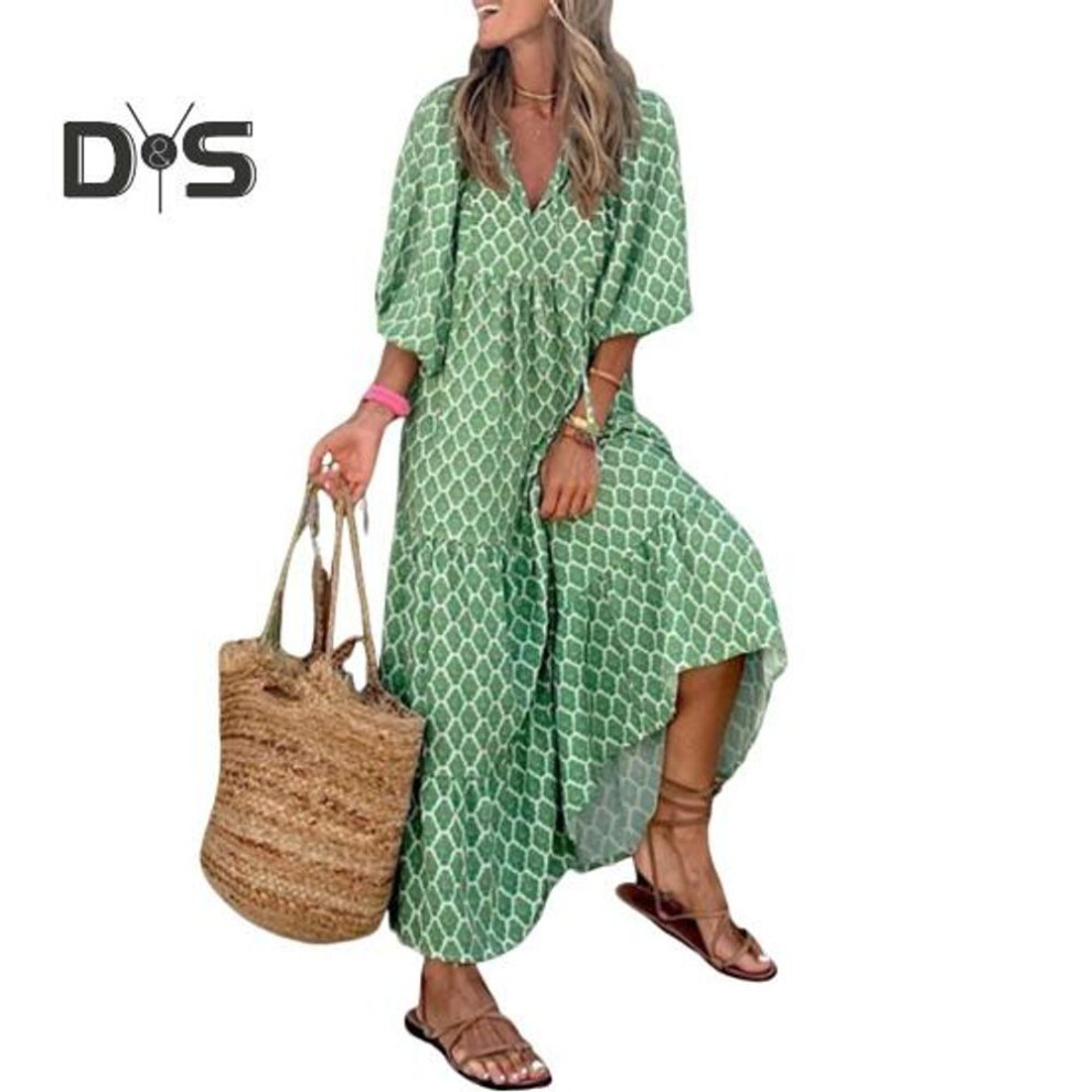 (light blue, XL) Bohemian Floral Print Dress Women V Neck A-line Maxi Beach Dress With Puff Sleeves Casual Loose Printed High Waist Swing Hem Dress For Beach Party