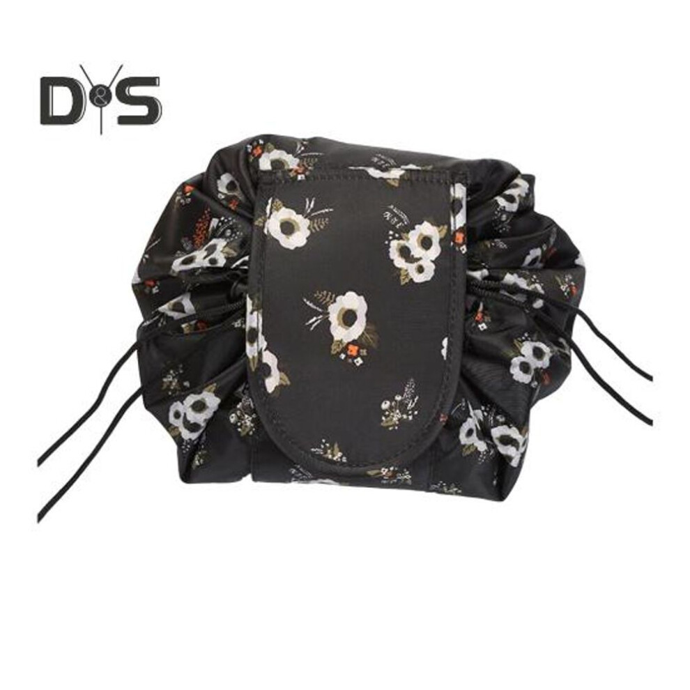 (black) Drawstring Closure Storage Bag Flamingo Flower Printing Large Capacity Cosmetic Bag Fasten Tape Sealed Storage Pouch For Travel Business
