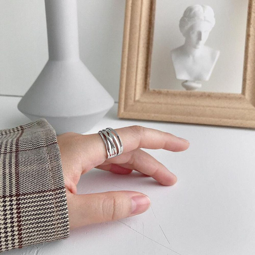 (silver) S925 Sterling Silver Minimalist Multi-layer Open Ring For Women - Trendy Retro Style Jewelry