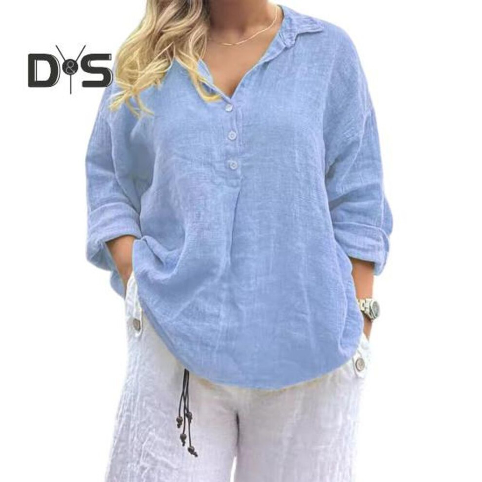 (L, light blue) Women Shirt Lapel Buttons Half Placket Long Sleeve Casual Tops Solid Color Loose Fit Work Leisure Shirt